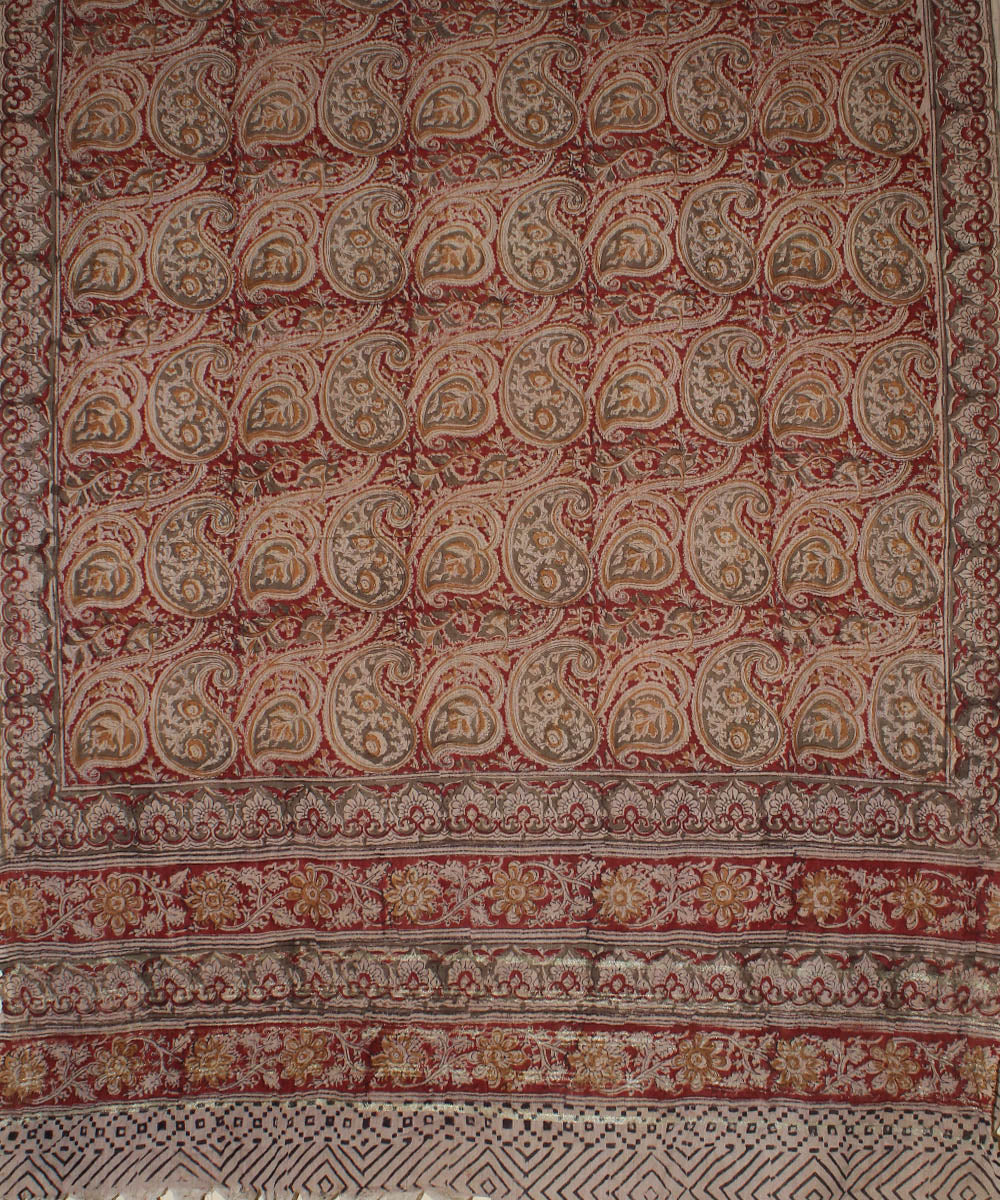 Beige red hand block printed kalamkari cotton dupatta