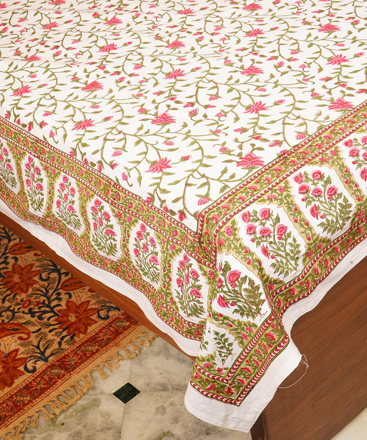 White cotton hand block printed double bedsheet