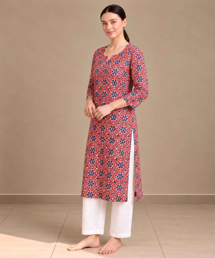 Red blue ajrakh hand block printed pure cotton kurti