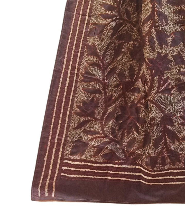 Brown multicolor thread handwoven silk kantha stitch stole