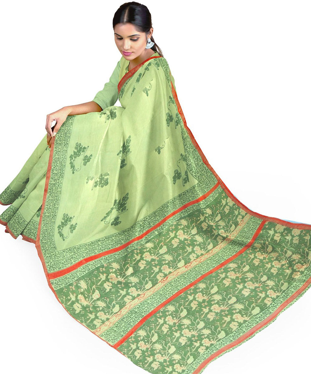 Lime green red cotton silk hand printed chanderi saree