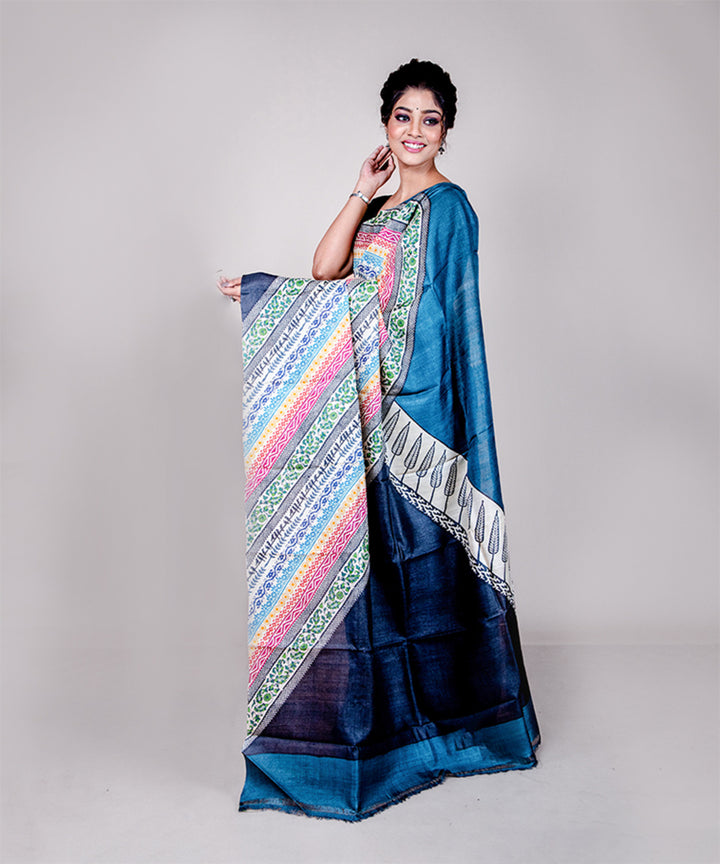 Grey multi colour tussar silk hand block printed saree