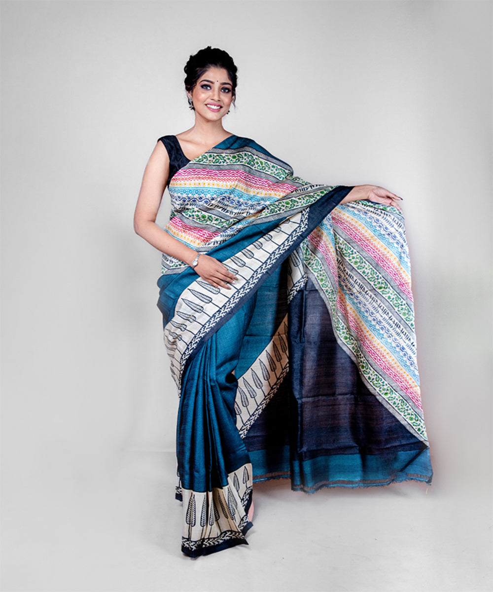 Grey multi colour tussar silk hand block printed saree