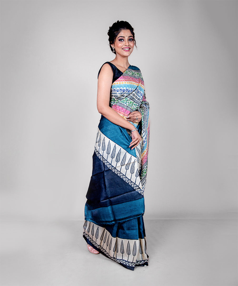 Grey multi colour tussar silk hand block printed saree