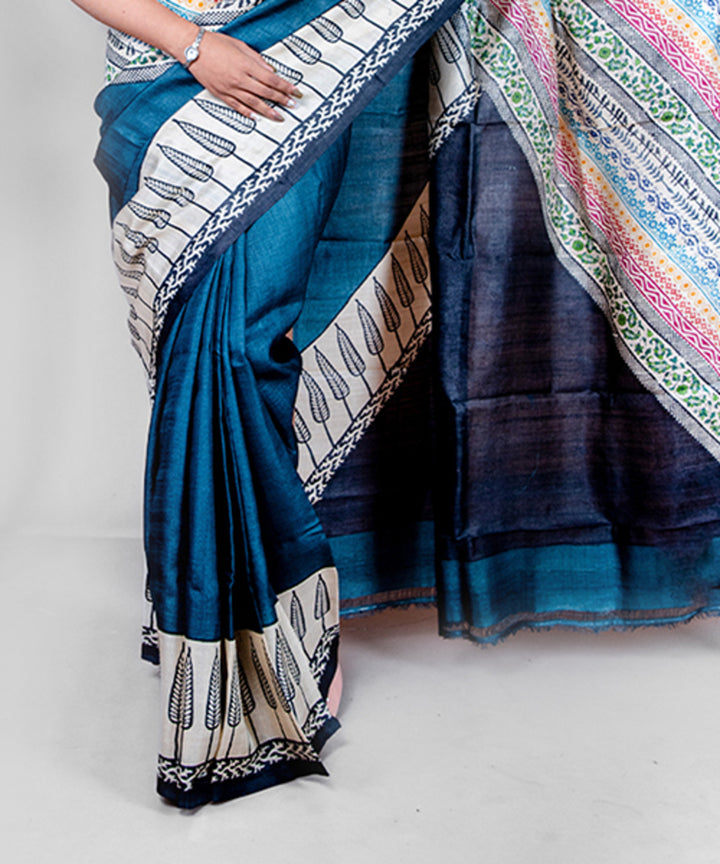 Grey multi colour tussar silk hand block printed saree