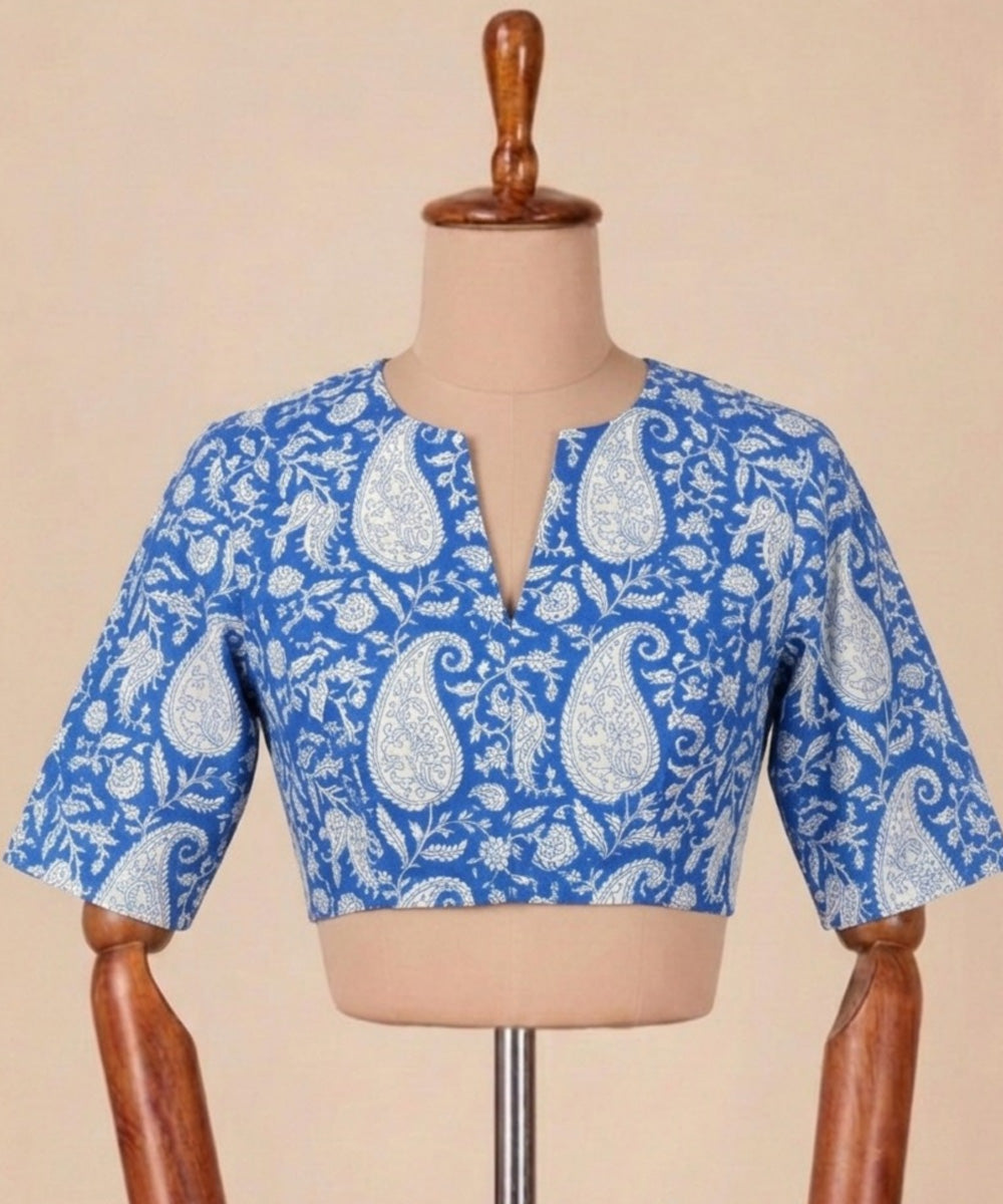 Blue white cotton princess cut blouse front opening blouse
