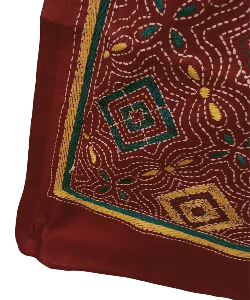 Maroon hand embroidered silk kantha stitch stole