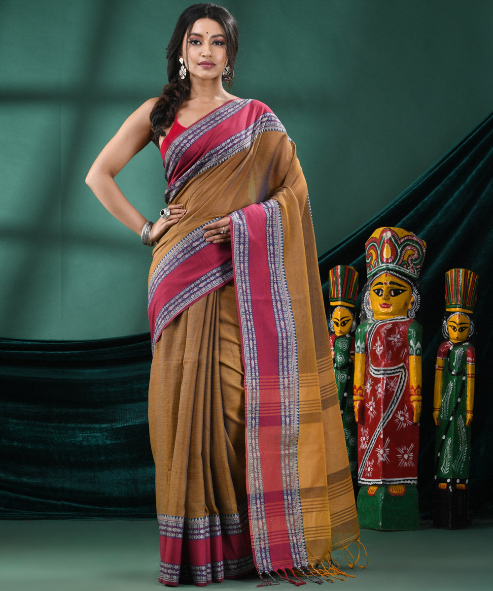 Mustard red bengal handloom cotton saree