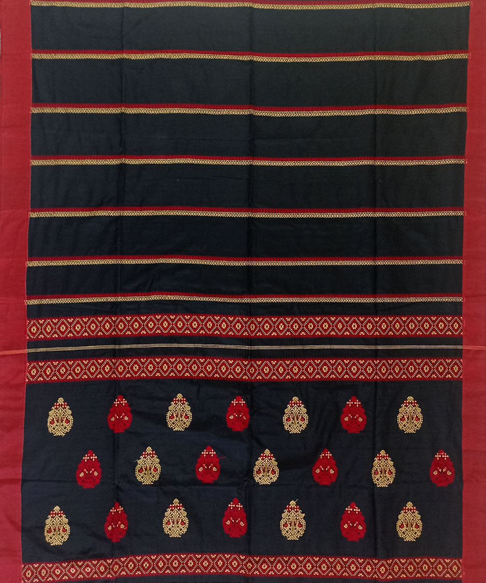 Black red cotton handwoven bengal saree