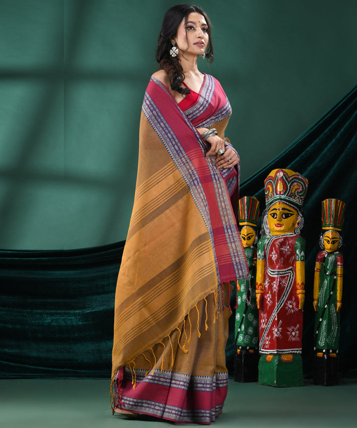 Mustard red bengal handloom cotton saree