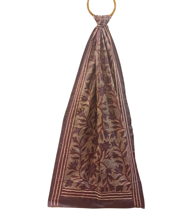 Brown multicolor thread handwoven silk kantha stitch stole