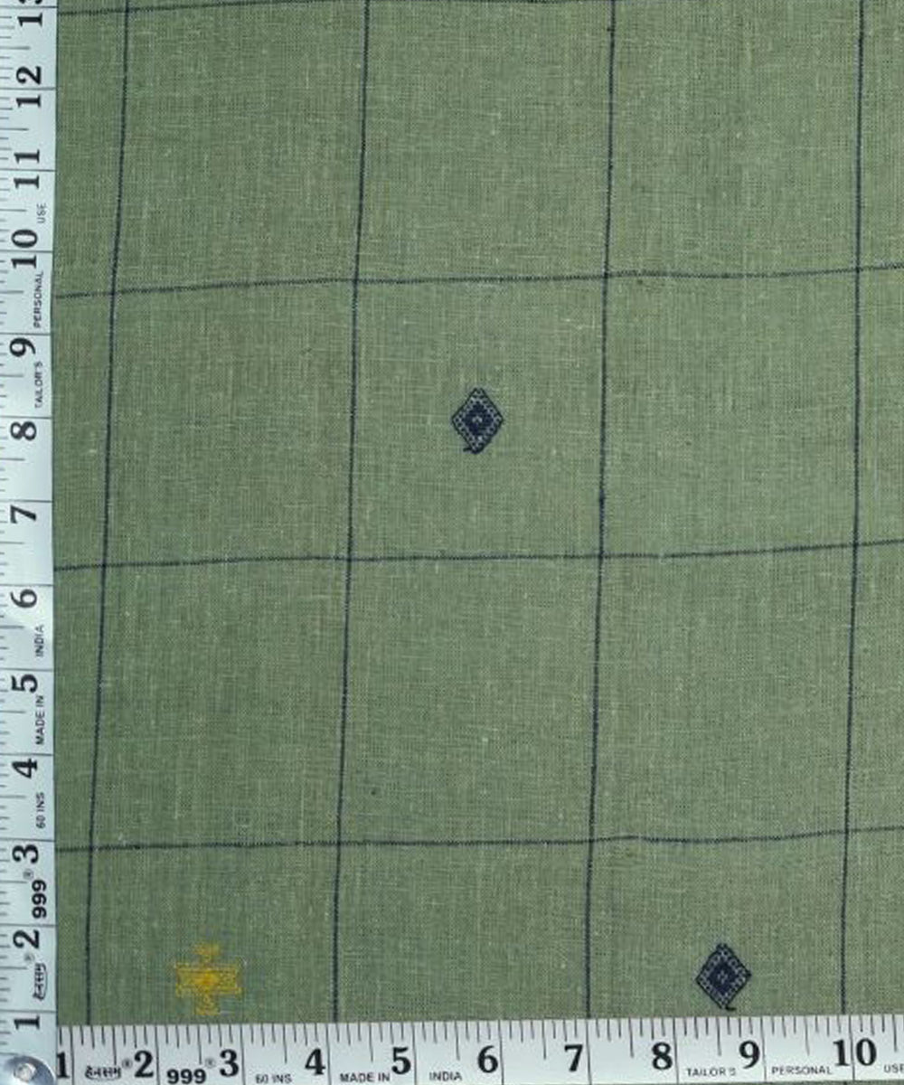 Teal green with blue white butti handspun handwoven cotton fabric