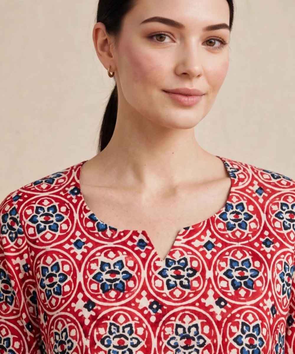 Red blue ajrakh hand block printed pure cotton kurti