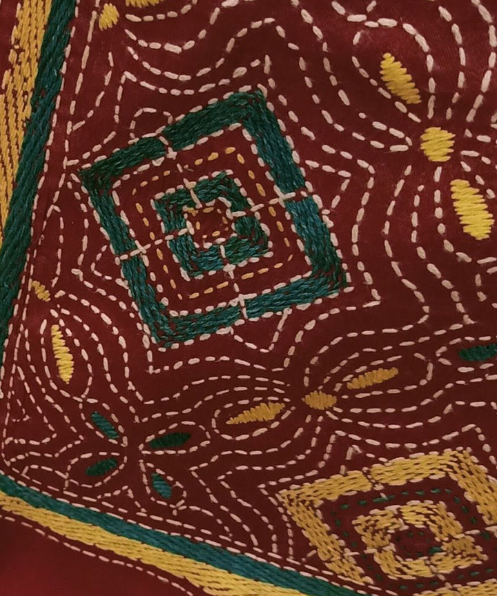 Maroon hand embroidered silk kantha stitch stole