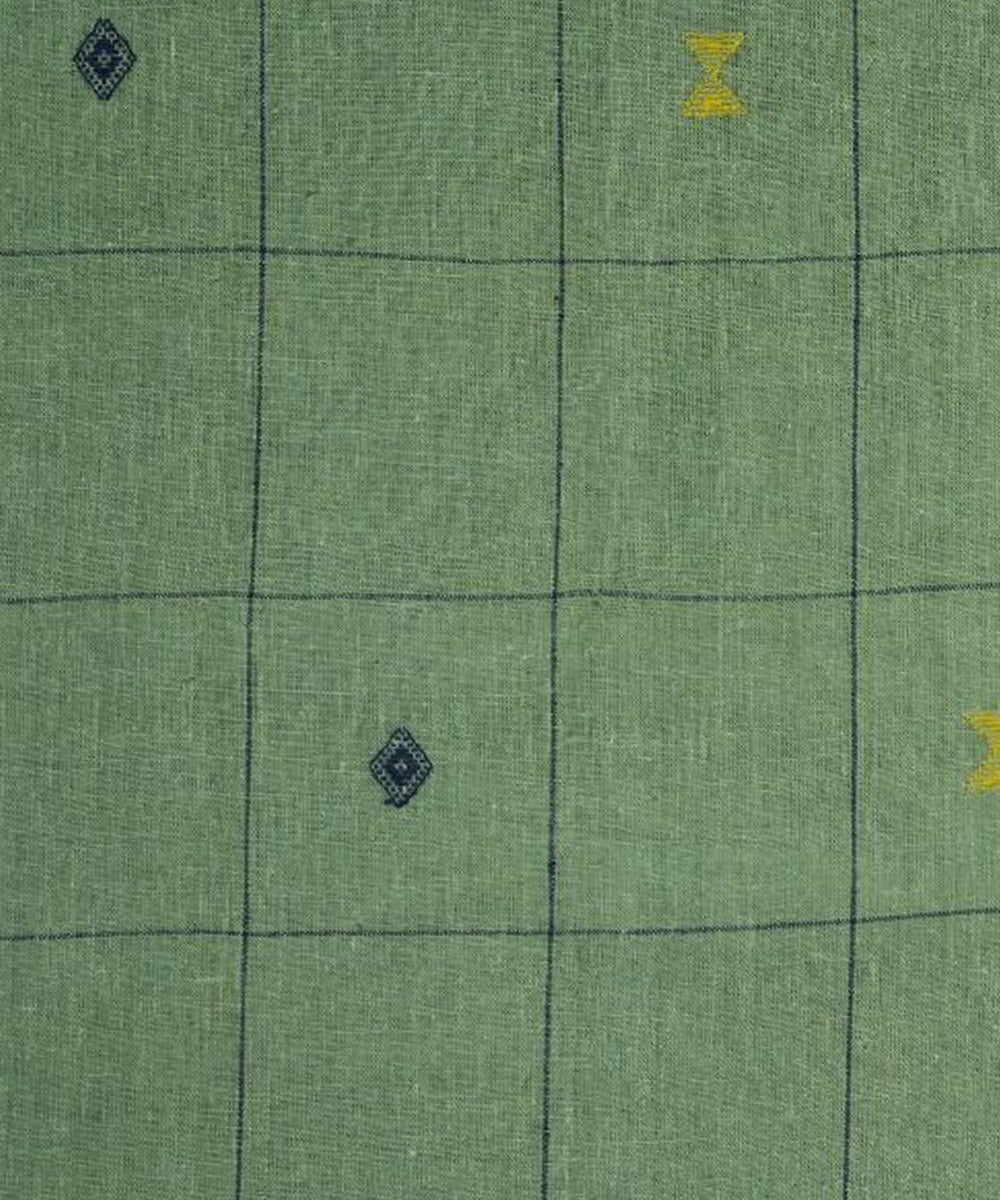 Teal green with blue white butti handspun handwoven cotton fabric