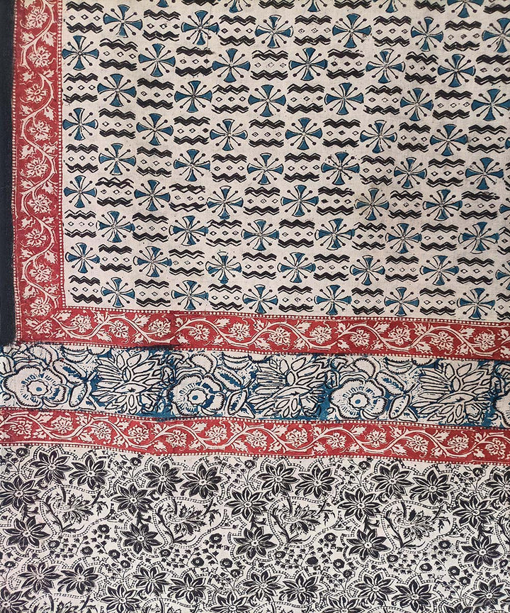 Multicolor red border kalamkari hand printed cotton saree