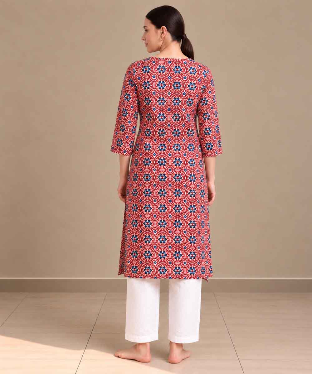 Red blue ajrakh hand block printed pure cotton kurti