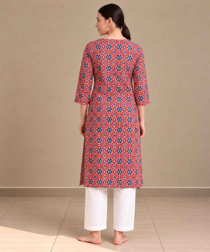 Red blue ajrakh hand block printed pure cotton kurti