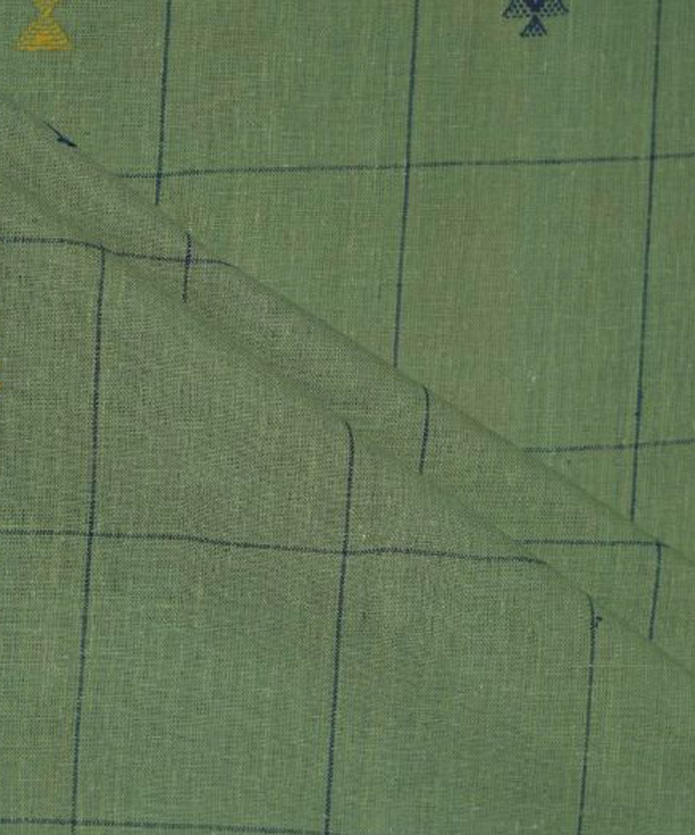 Teal green with blue white butti handspun handwoven cotton fabric