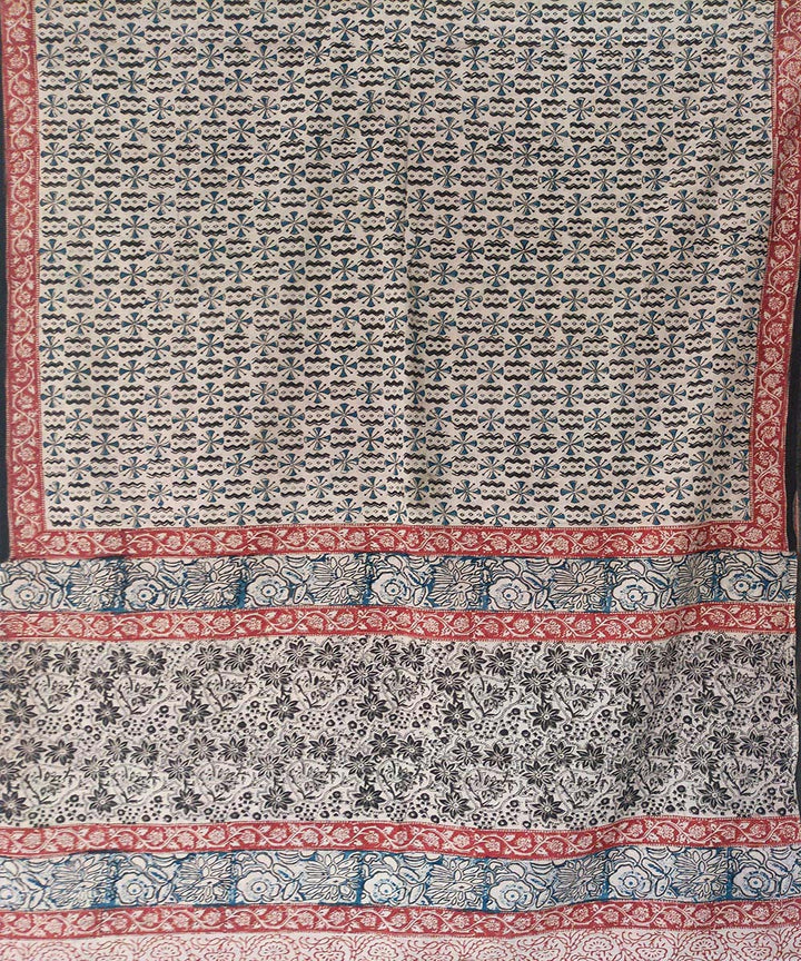 Multicolor red border kalamkari hand printed cotton saree