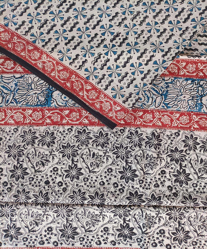 Multicolor red border kalamkari hand printed cotton saree