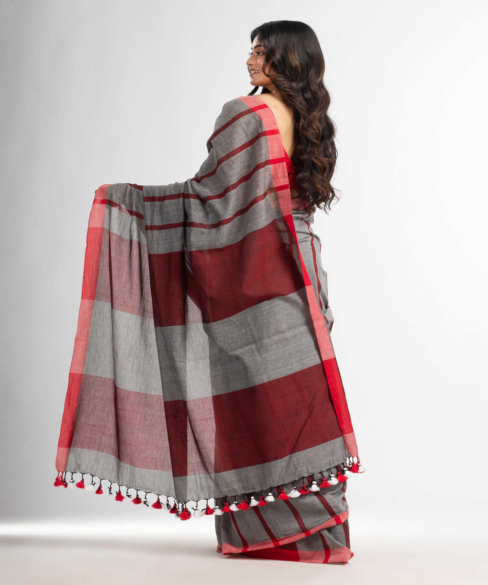 Grey maroon handwoven bengal cotton saree