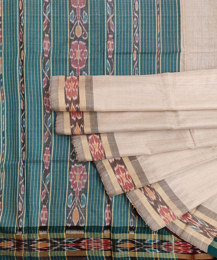 Beige green Tussar Silk Handwoven Sambalpuri Saree