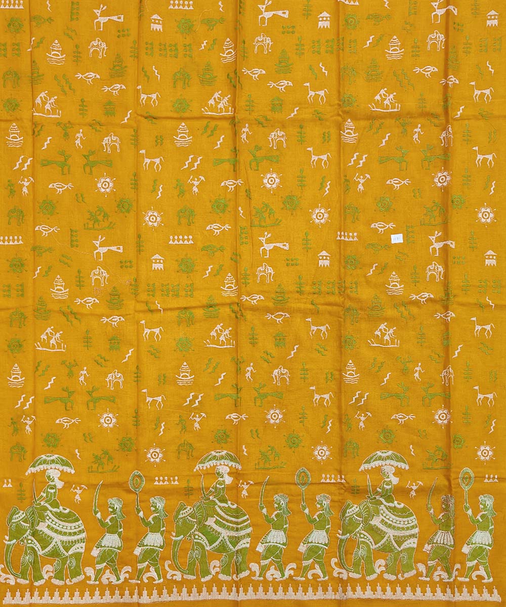 Yellow olive green handwoven cotton bomkai dress material