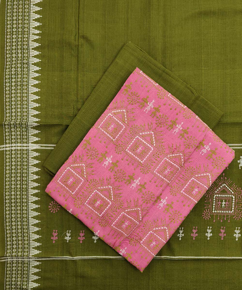 Pink olive green handwoven cotton bomkai dress material