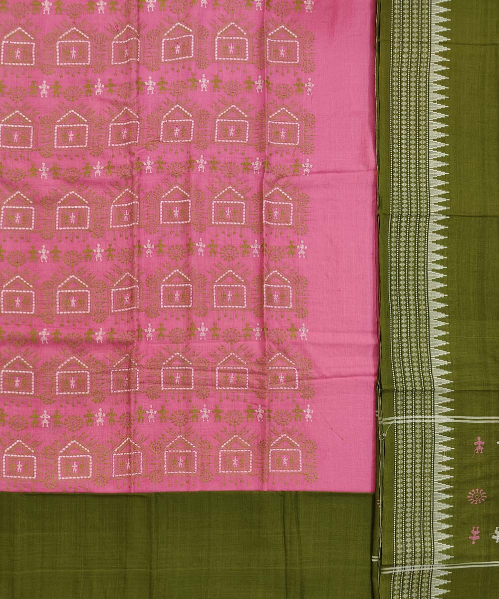 Pink olive green handwoven cotton bomkai dress material