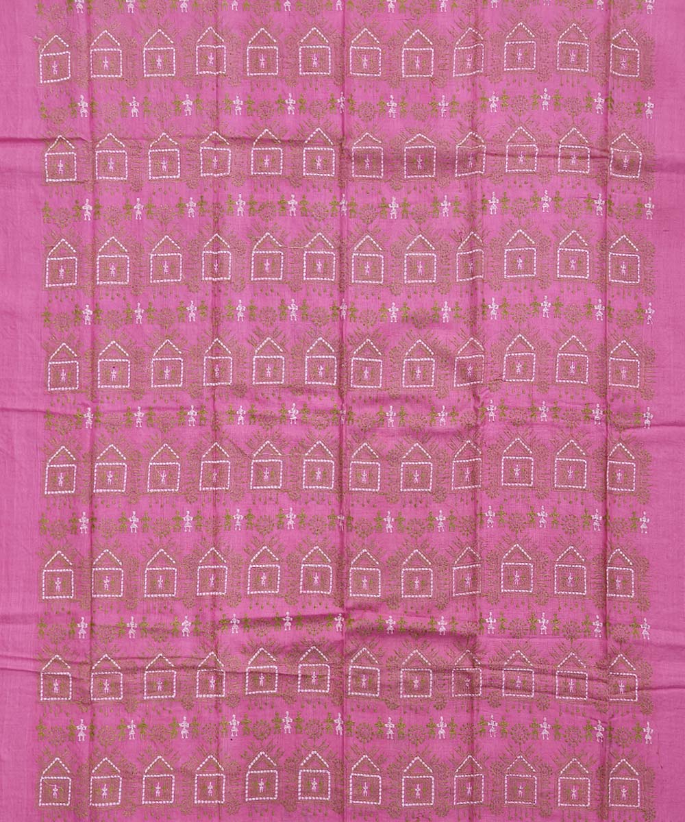 Pink olive green handwoven cotton bomkai dress material