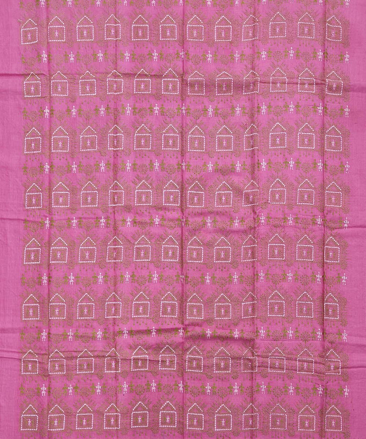 Pink olive green handwoven cotton bomkai dress material