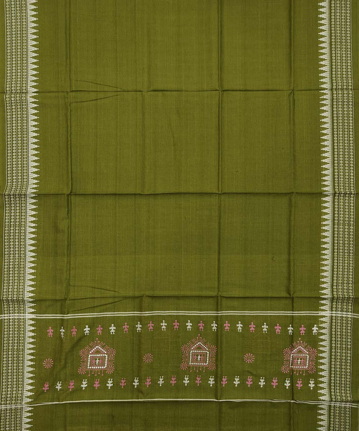 Pink olive green handwoven cotton bomkai dress material