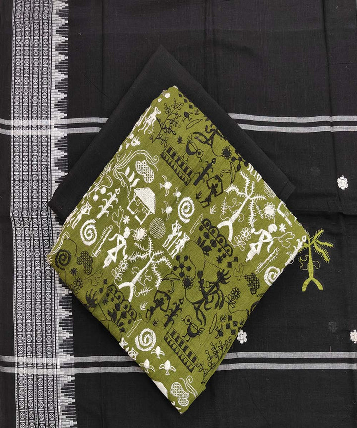 Olive green black handwoven cotton bomkai dress material
