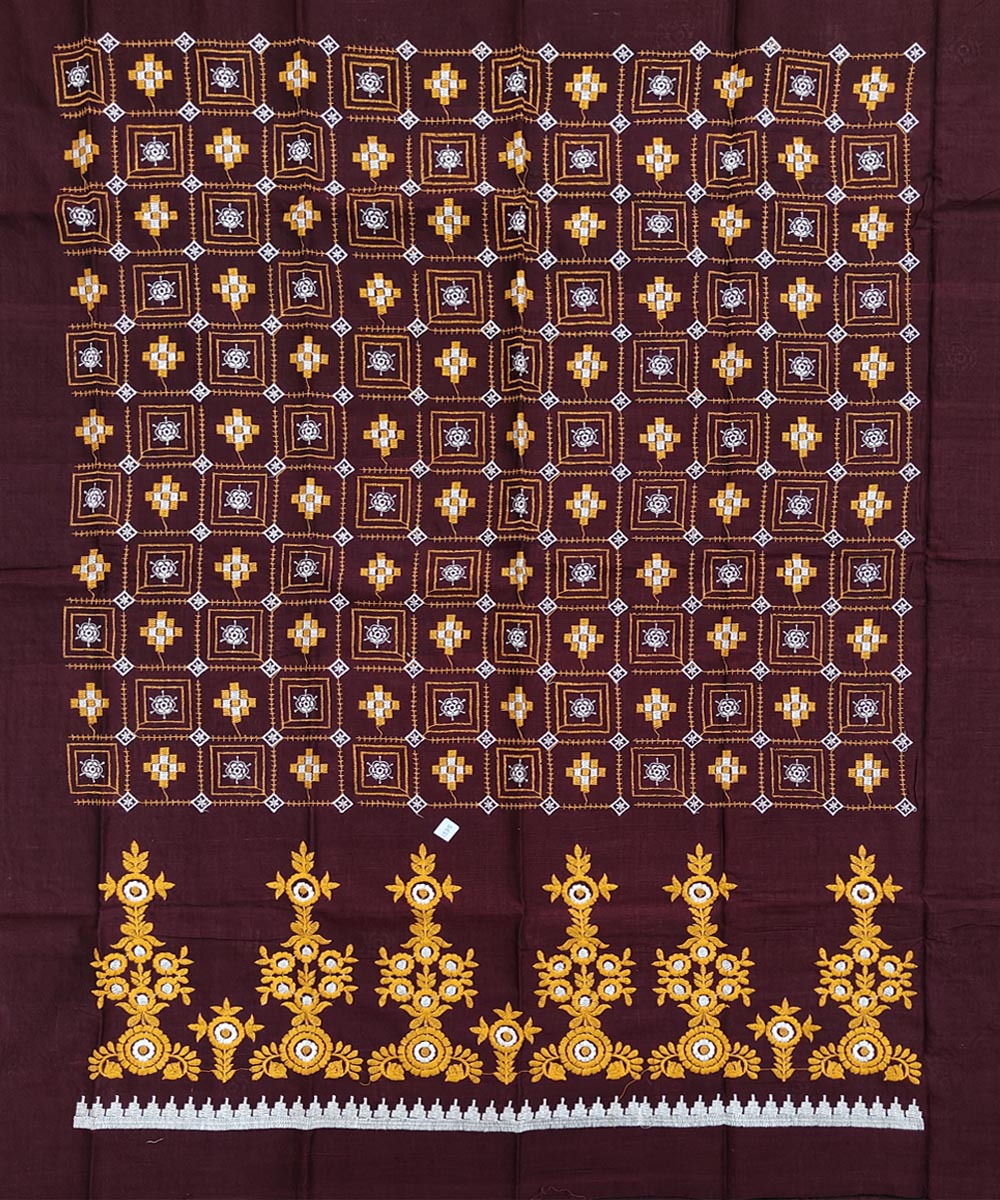 Coffee yellow handwoven cotton bomkai dress material