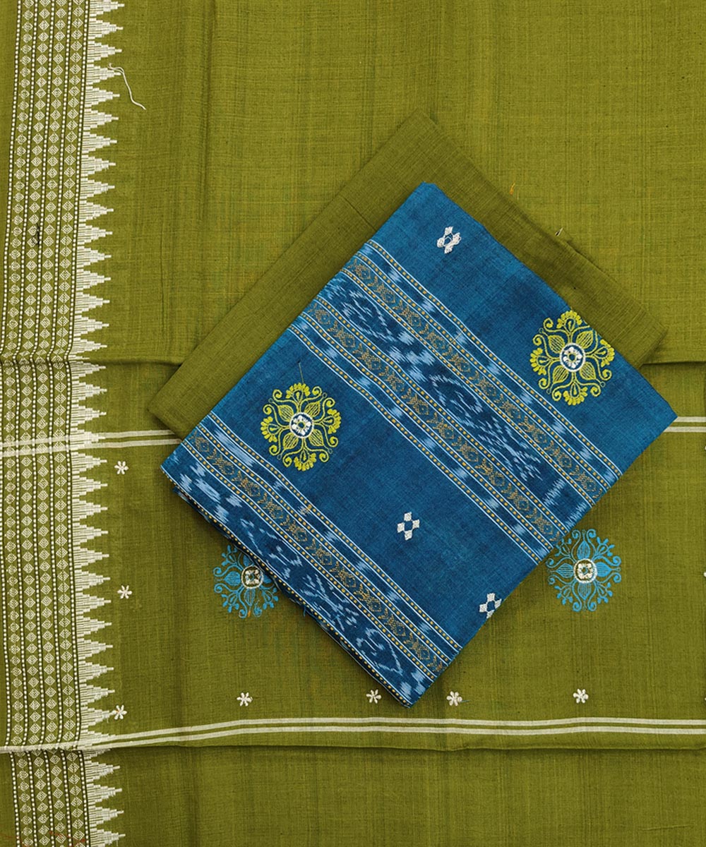 Cyan blue olive green handwoven cotton bomkai dress material