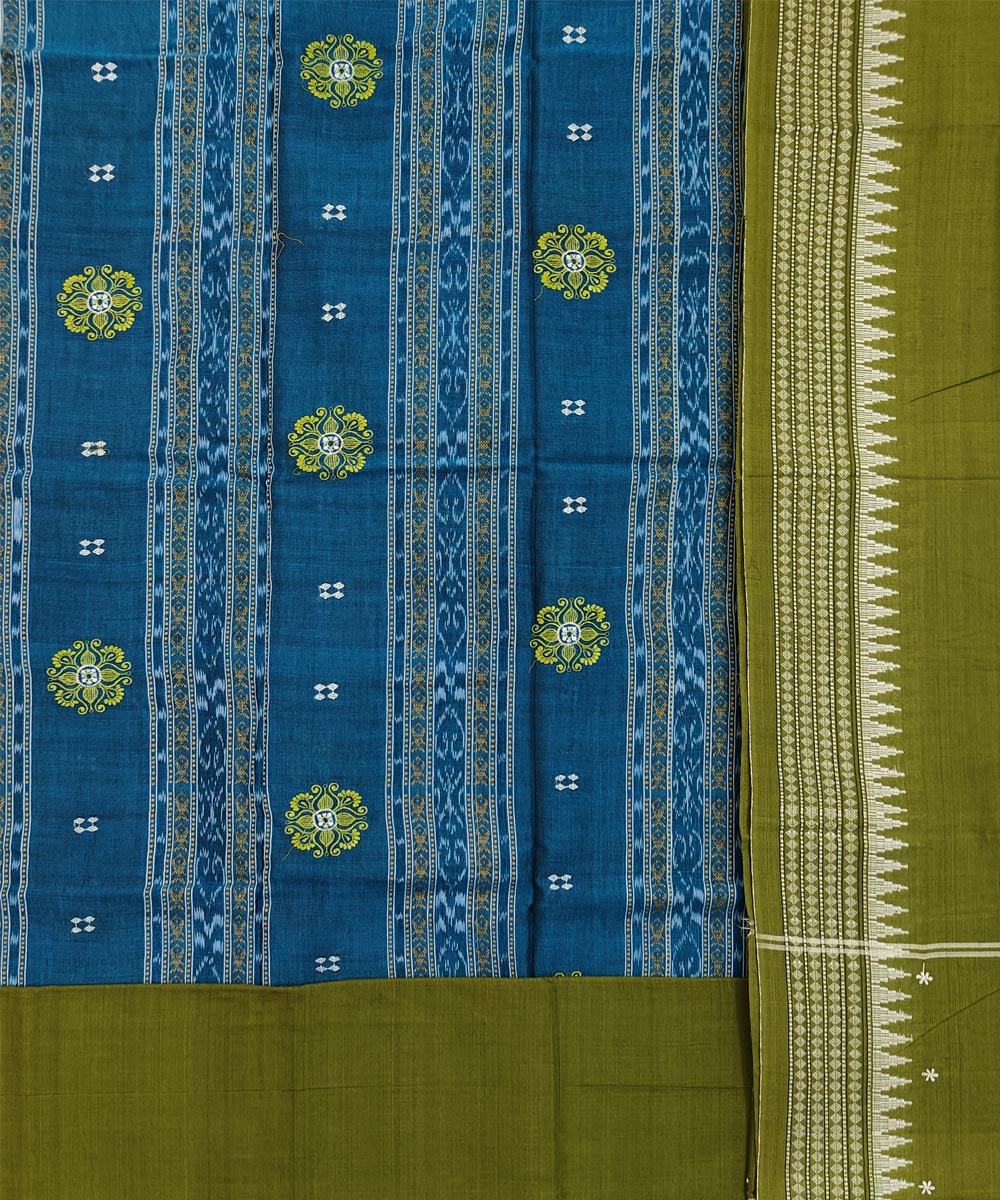 Cyan blue olive green handwoven cotton bomkai dress material