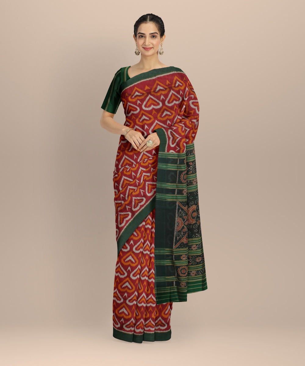 Maroon green silk handloom khandua saree