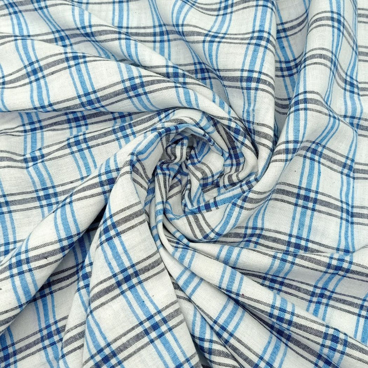 White blue check cotton handwoven fabric