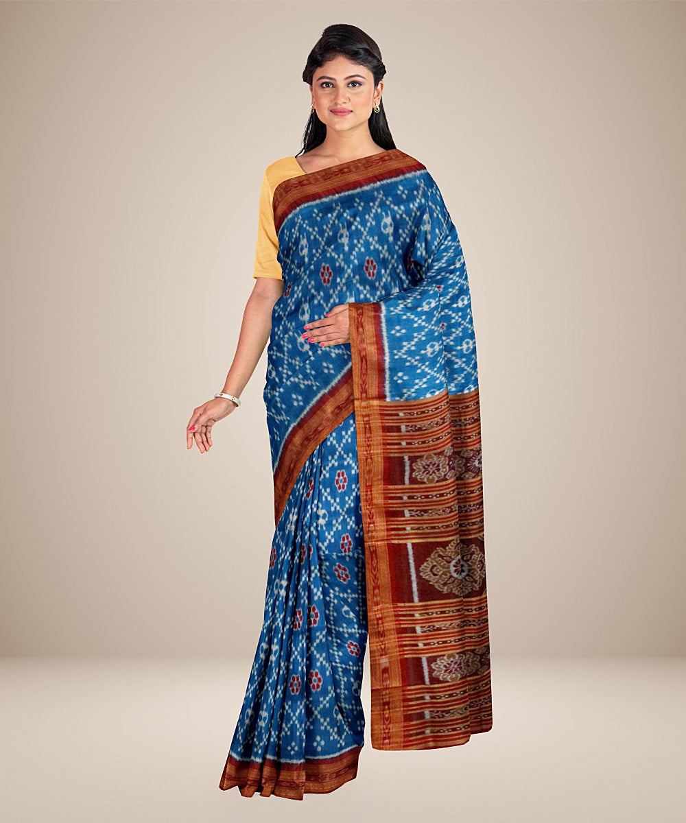 Sky blue black silk handwoven tribal motif khandua saree