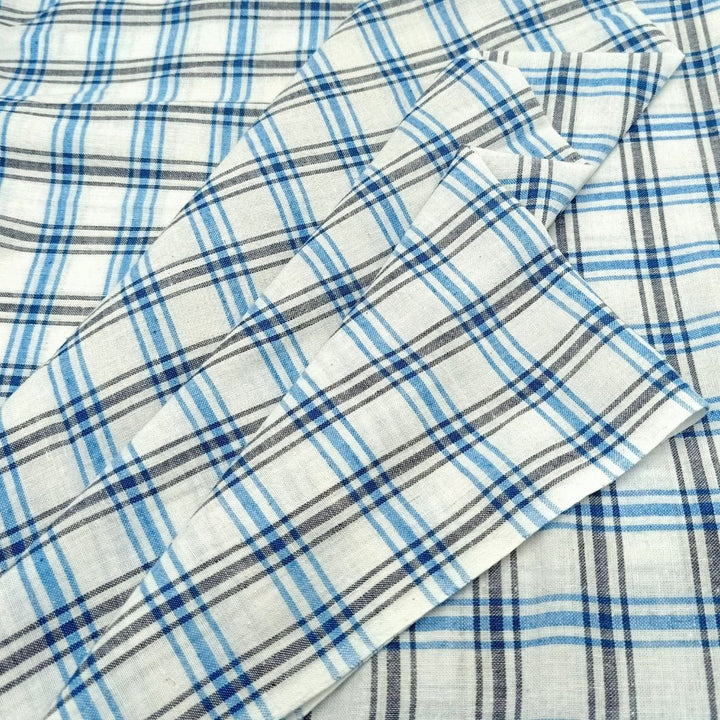 White blue check cotton handwoven fabric