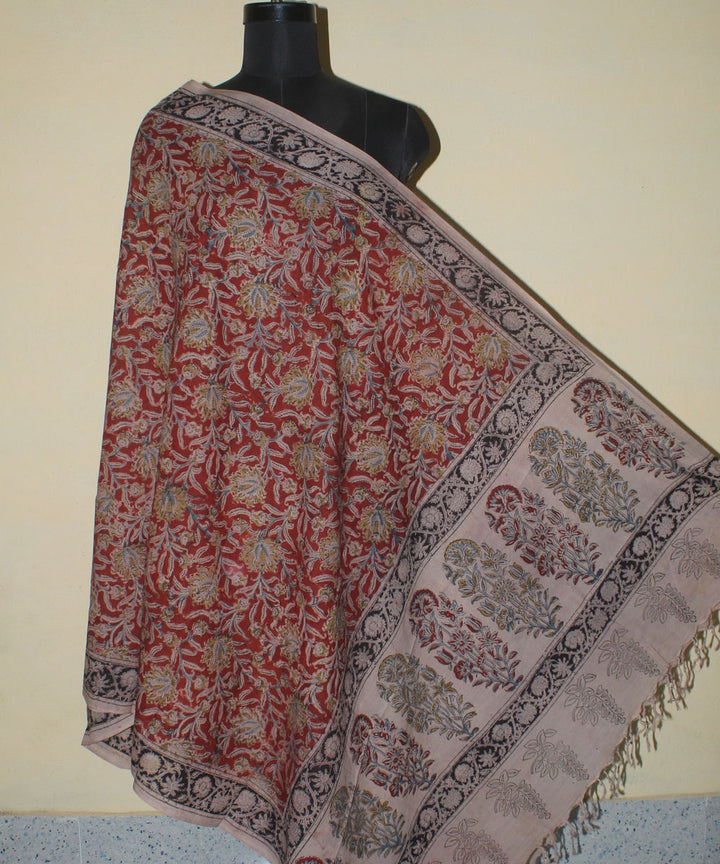 Beige red kalamkari hand printed cotton dupatta