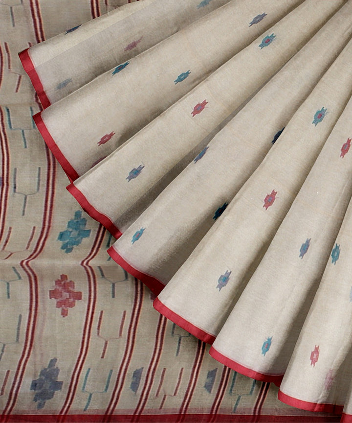 Cream red handloom cotton bengal saree