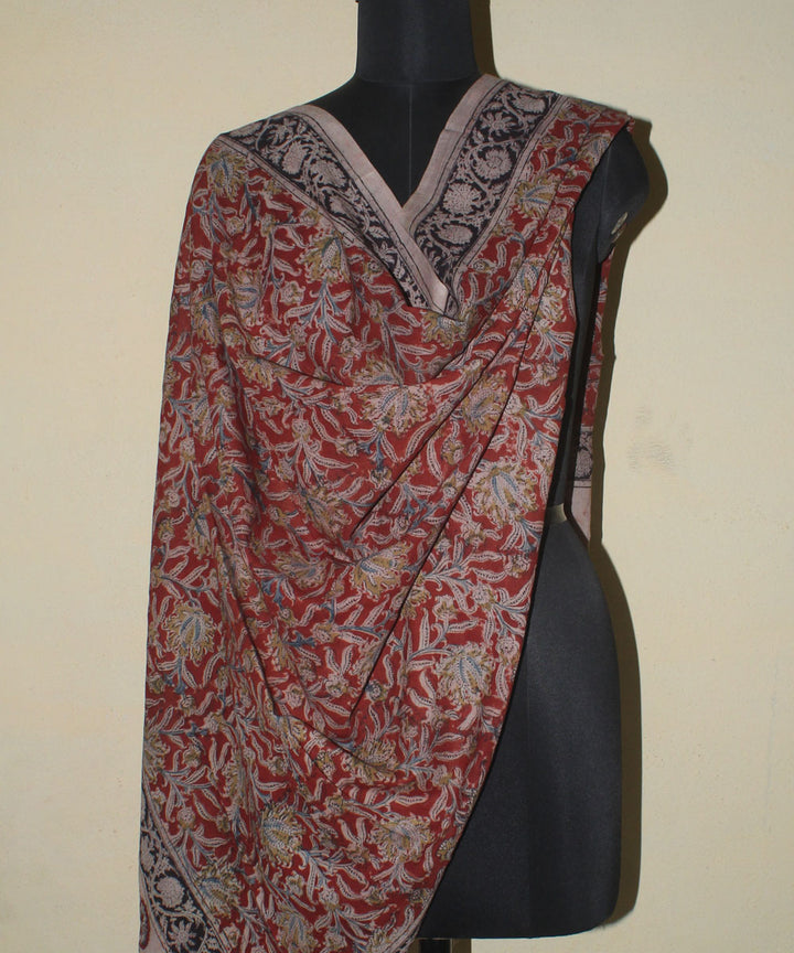 Beige red kalamkari hand printed cotton dupatta