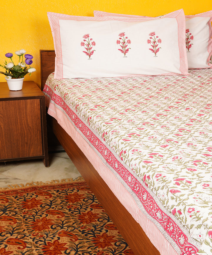 White pink all over design cotton hand block printed double bedsheet