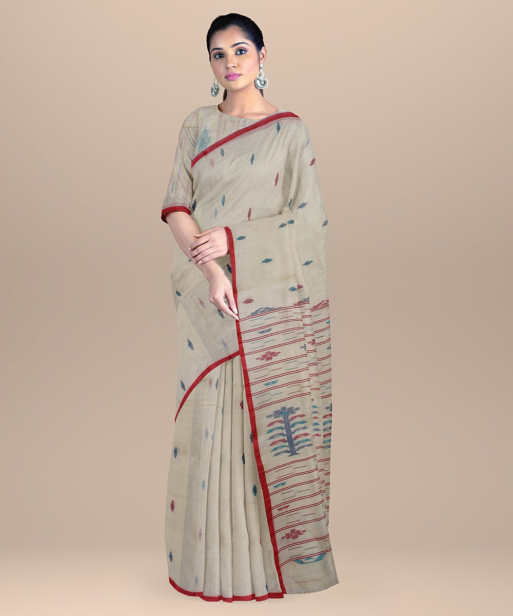 Cream red handloom cotton bengal saree