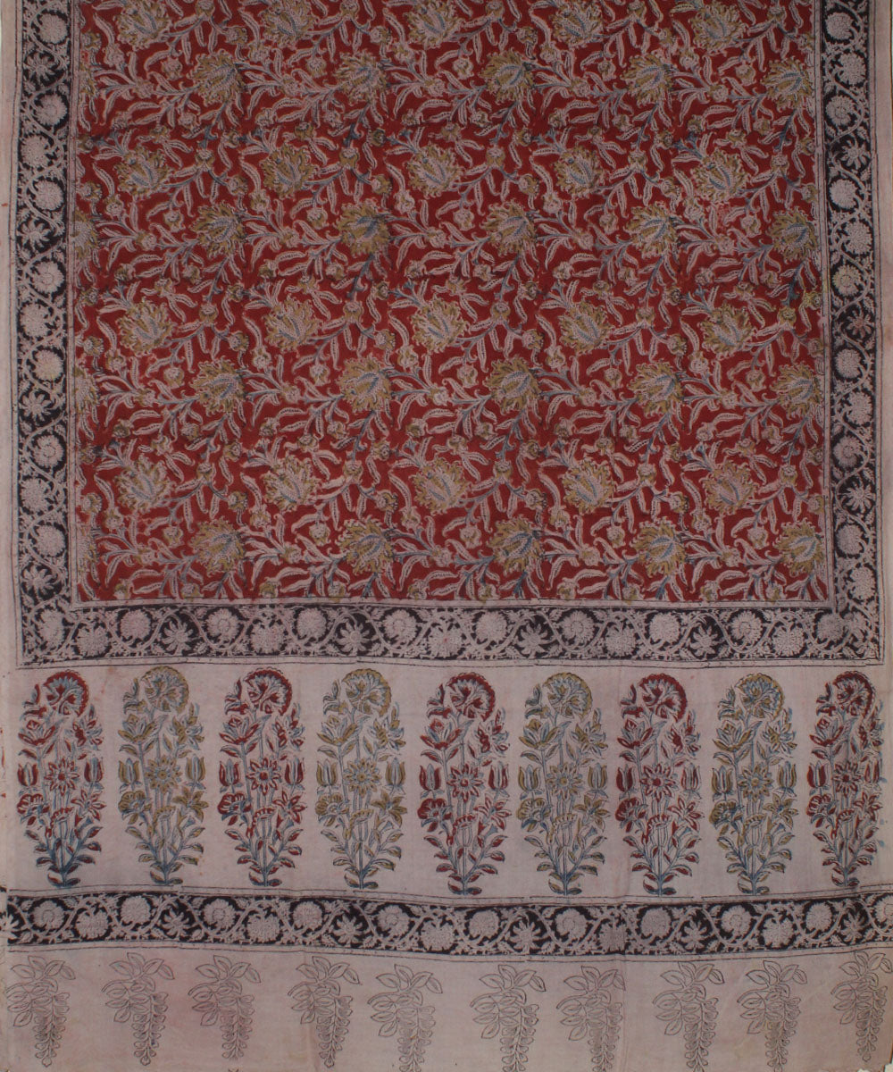 Beige red kalamkari hand printed cotton dupatta