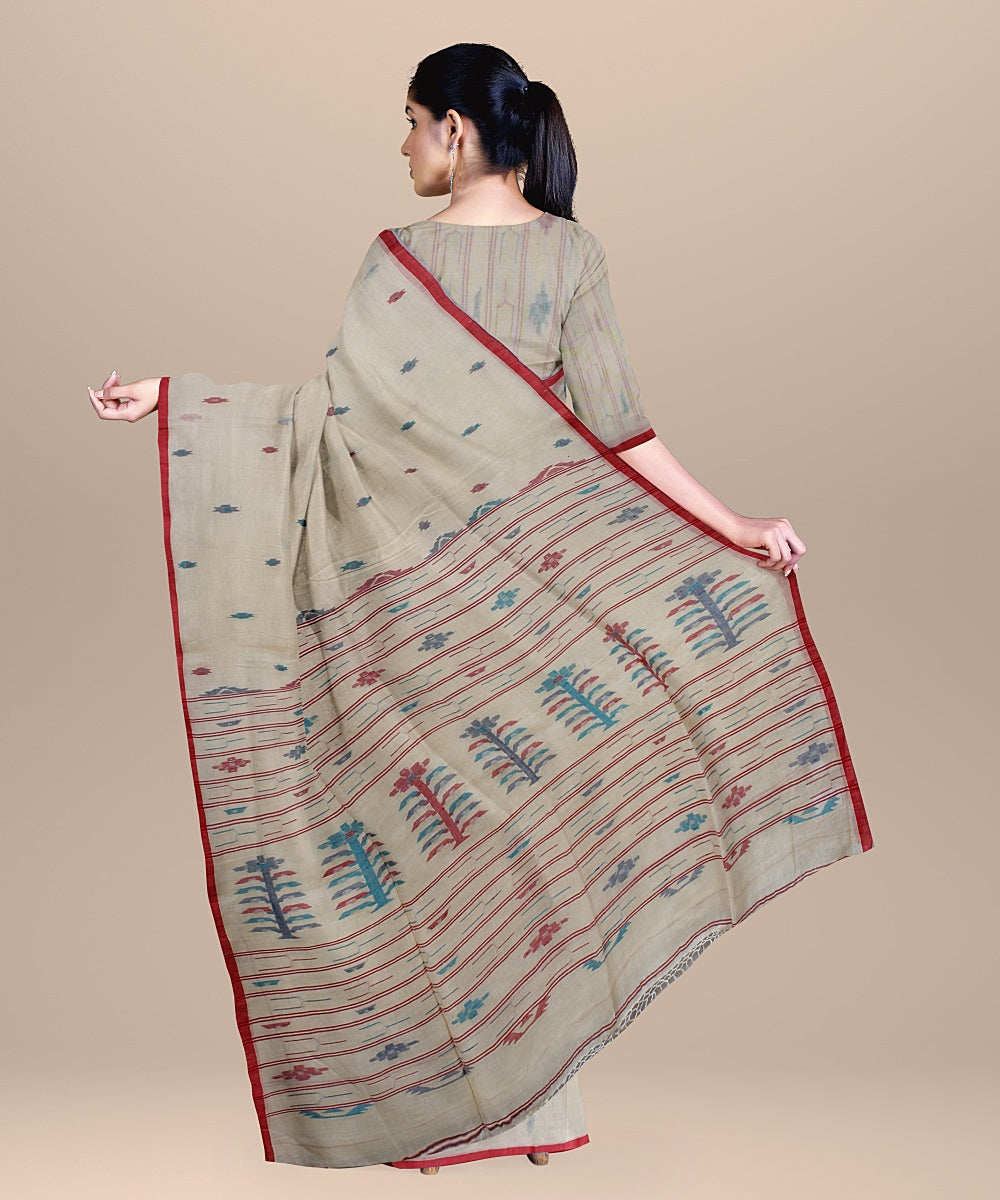 Cream red handloom cotton bengal saree