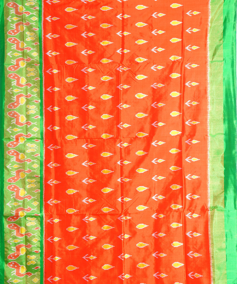 Orange green handwoven pochampally ikat silk saree