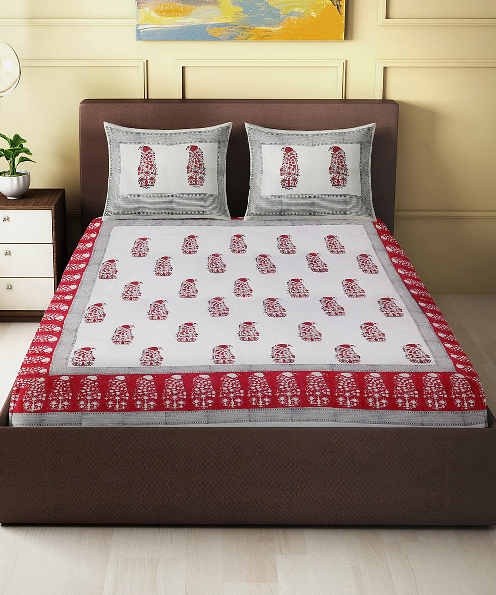 White red hand block printed cotton double bedsheet